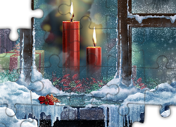 Okno, Świece, Śnieg, Boże Narodzenie, Grafika 2D