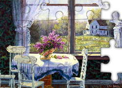 Okno, Stół, Kwiaty, Obraz