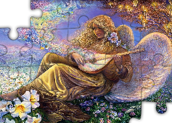 Kobieta, Anioł, Instrument, Kwiaty, Josephine Wall