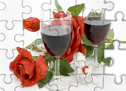 Czerwone, Róże, Kieliszki, Wino, Figurka