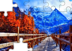 Drewniany, Most, Góry, Śnieg, Rzeka, Jesień, Drzewa