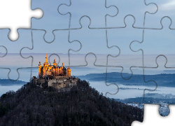 Zamek Hohenzollern, Badenia-Wirtembergia, Niemcy, Góra Hohenzollern, Las, Mgła