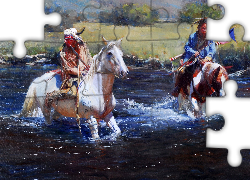 Malarstwo, Konie, Indianie, Rzeka