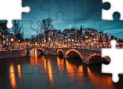 Amsterdam, Kanały, Noc, Światła, Most, Odbicie