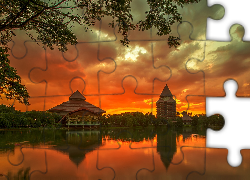 Zachód, Słońca, Woda, Budynki, Indonezja