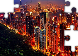 Drapacze, Chmur, Hong Kong, Panorama, Miasta, Nocą