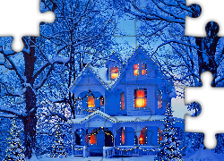Zima, Świąteczna, Dekoracja, Dom, Drzewa