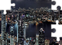 Miasto, Hong Kong, Noc, Światła, Budynki