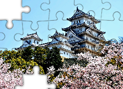 Zamek Himeji, Zamek Białej Czapli, Miejscowość Himeji, Japonia, Kwitnące, Drzewa