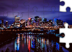 Drapacze Chmur, Rzeka, Most, Edmonton, Panorama, Miasta, Nocą