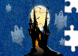 Zamek, Duchy, Księżyc, Grafika, Halloween