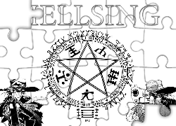 Hellsing, ludzie, pentagram, pistolet, kapelusz