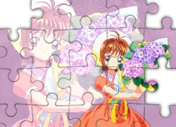 Cardcaptor Sakura, dziewczyna, bukiet, kwiaty, suknia, czapka