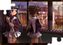 Cardcaptor Sakura, dziewczyny, miotły,  szyba, okno