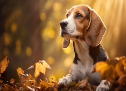 Pies, Beagle, Liście, Jesień