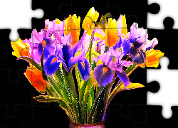 Bukiet kwiatów, Fractalius, Tulipany, Irysy, Czarne tło