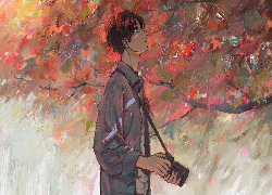 Anime, Chłopak, Aparat fotograficzny, Profil, Spojrzenie, Jesień, Drzewo