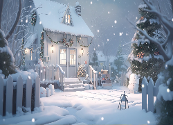 Zima, Śnieg, Dom, Choinka, Drzewa, Światła, Dekoracja, Boże Narodzenie, 2D