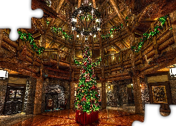 Boże Narodzenie, Wnętrze, Hol, Lobby, Żyrandol, Choinka, Hotel, Disneys Wilderness Lodge, Orlando, Stany Zjednoczone
