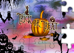 Halloween, Napis, Trick or Treat, Dynia, Kot, Grafika