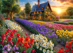 Dom, Ogród, Kwiaty, Wschód słońca, Chmury, Grafika