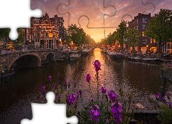 Holandia, Amsterdam, Domy, Kanał, Most, Kwiaty, Zachód słońca