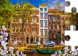 Holandia, Amsterdam, Kanał, Ulica, Domy, Kwiaty