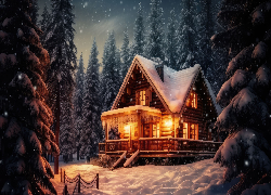 Zima, Śnieg, Las, Drzewa, Świerki, Dom, Światła, 2D