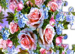 Kwiaty, Różowe, Róże, Niebieskie, Kwiatki, Grafika