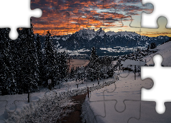 Zima, Góry, Alpy Berneńskie, Jezioro Thunersee, Wschód słońca, Drzewa, Droga, Ośnieżone, Domy, Kanton Berno, Szwajcaria