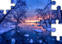 Zima, Rzeka, Drzewa, Wschód słońca, Finlandia