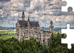 Zamek, Neuschwanstein, Chmury, Bawaria, Niemcy