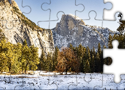 Drzewa, Góry, Śnieg, Zima, Park Narodowy Yosemite, Szczyt, Half Dome, Kalifornia, Stany Zjednoczone