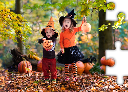 Dzieci, Dynie, Las, Jesień, Halloween