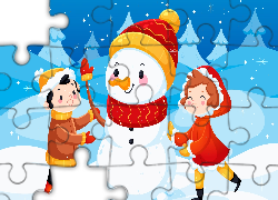 Grafika 2D, Zima, Bałwan, Mikołaj, Świąteczne, Dzieci, Uśmiechy