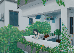 Anime, Dziewczyna, Balkon, Rośliny