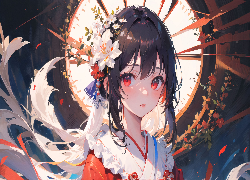 Dziewczyna, Kimono, Kwiaty, Okno, Anime
