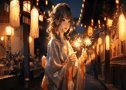 Dziewczyna, Kimono, Sztuczne ognie, Anime