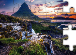 Góra Kirkjufell, Rzeka, Wodospad Kirkjufellsfoss, Wchód słońca, Półwysep Snaefellsnes, Islandia