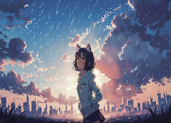 Dziewczyna, Uszy, Niebo, Chmury, Deszcz, Anime