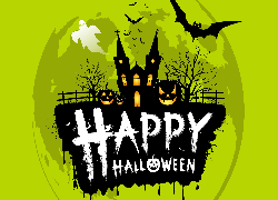 Halloween, Happy Halloween, Zamek, Dynie, Nietoperze, Zielone, Tło, Drzewa, Płot