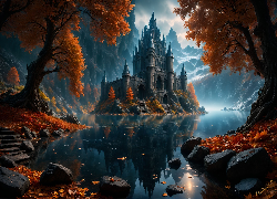 Grafika, Zamek, Jesień, Drzewa, Rzeka, Skały