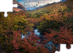 Jesień, Góry Andy, Góra, Fitz Roy, Park Narodowy Los Glaciares, Drzewa, Rzeka, Patagonia, Argentyna