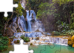 Wodospad, Kuang Si Falls, Skały, Rzeka, Drzewa, Laos