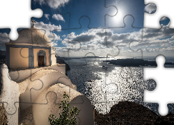 Grecja, Santorini, Wschód słońca, Świt, Morze Egejskie,  Kościół Agios Stylianos