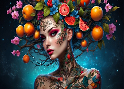 Kobieta, Tatuaż, Owoce, Różowe, Kwiaty, 2D