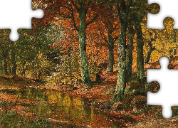 Jesień, Las, Drzewa, Liście, Rzeka, Kamienie, Kobieta, Malarstwo, Obraz, Alois Arnegger