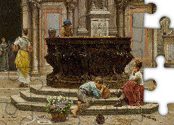 Malarstwo, Obraz, Antonio Ermolao Paoletti, Wenecja, Dziedziniec Pałacu Dożów, Studnia, Kobiety, Dzieci