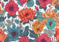 Kolorowe, Kwiaty, Liście, Grafika 2D