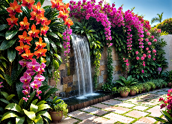 Ogród, Kolorowe, Kwiaty, Ściana, Woda, Grafika